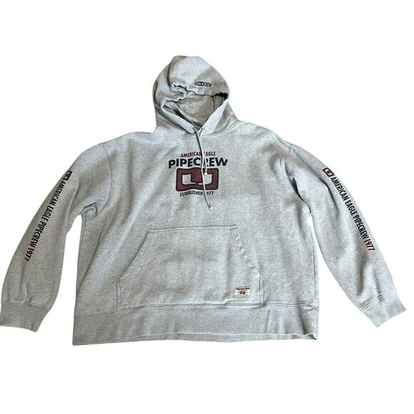Y2K American Eagle Hoodie Mens XL Gray Pipe Crew Skater Graphic Relaxed Fit - Picture 1 of 7